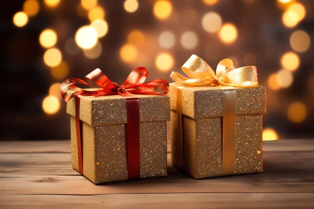 Dwa pięknie zapakowane złote pudełka upominkowe ze świątecznymi czerwonymi wstążkami i kokardkami