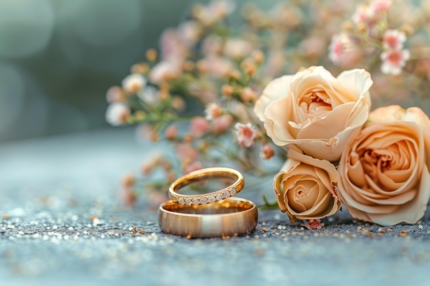 Dwa pierścienie ślubne obok bukietu kwiatów