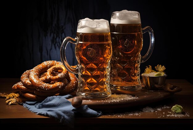 Zdjęcie dwa piwa i precle z precle na stole jadalnym w stylu równomiernie ustawionych obrazów