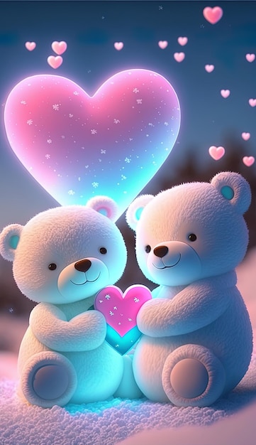 Dwa pluszowe niedźwiedzie trzymają serce, na którym jest napisane "miłość".
