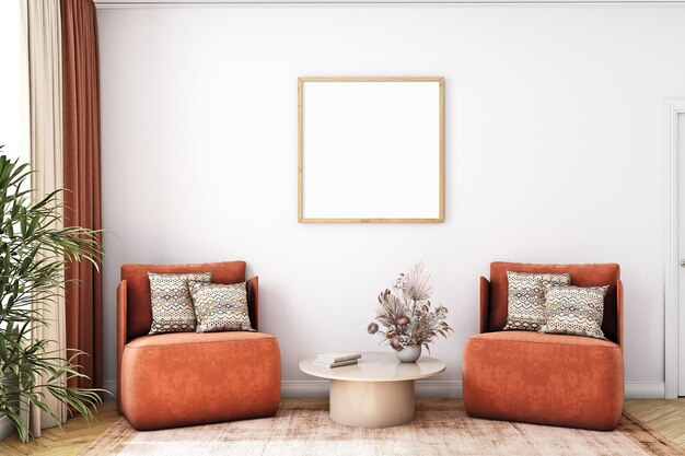 Dwa pomarańczowe fotele w makiecie salonu z białą ścianą i oprawionym obrazem na ścianie