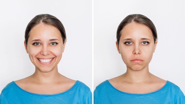 Dwa portrety młodej atrakcyjnej kobiety rasy białej w niebieskiej koszulce, wesołej i smutnej różnicy