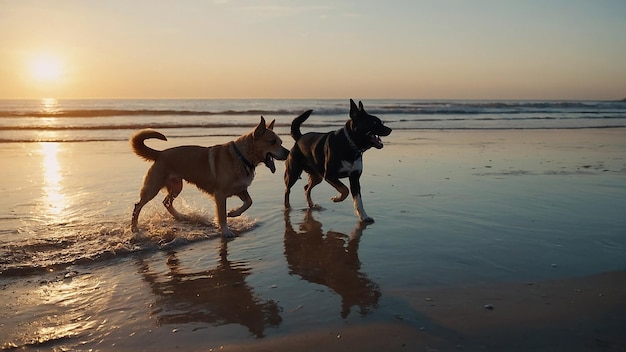 Zdjęcie dwa psy biegające po plaży o zachodzie słońca