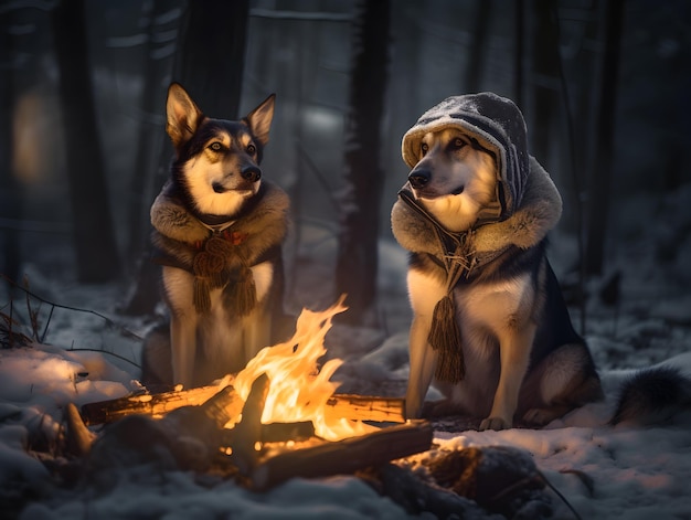 Dwa psy domowe w pobliżu ogniska na śniegu w sezonie zimowym