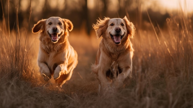 Dwa psy golden retriever igraszki na trawiastym polu w słoneczny dzień Generative AI AIG18