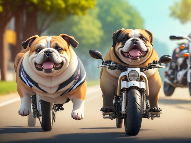 Dwa psy na motocyklu mają na sobie marynarski garnitur i koszulę z napisem „buldog”.