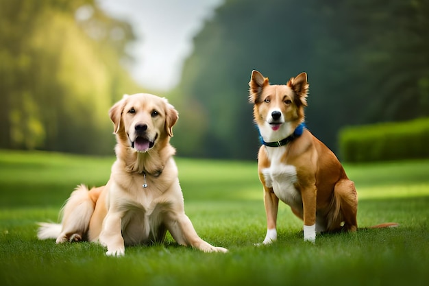 Dwa psy siedzące na trawie z napisem golden na przodzie.