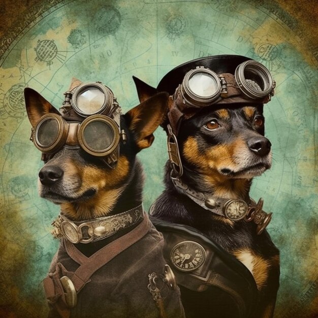 dwa psy ubrane w sprzęt parowy i okulary stoją obok siebie generatywnej sztucznej inteligencji