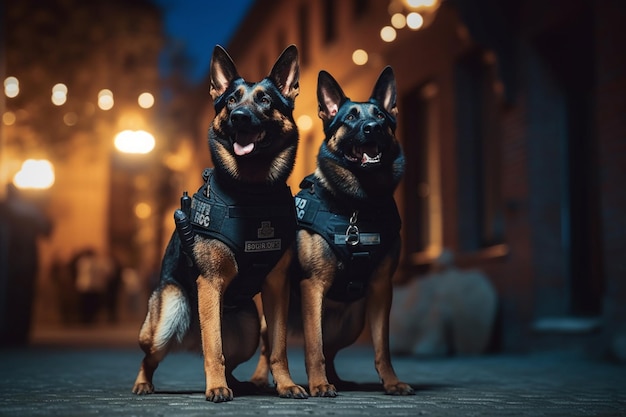 Dwa psy w kamizelkach z napisem „policja”.