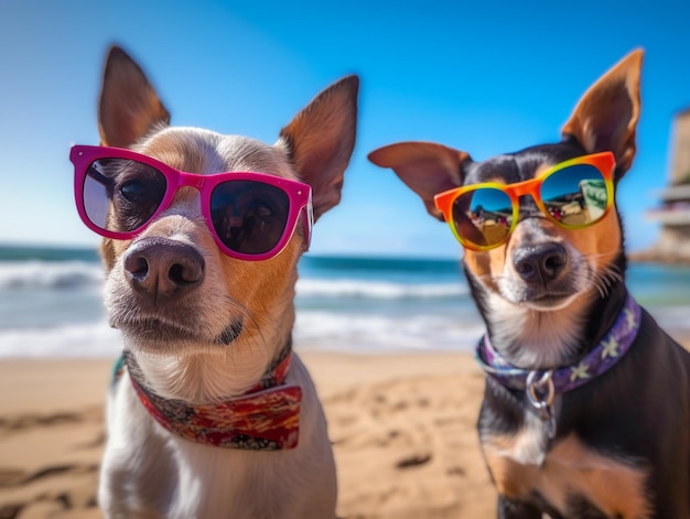 Dwa psy w okularach przeciwsłonecznych na plaży