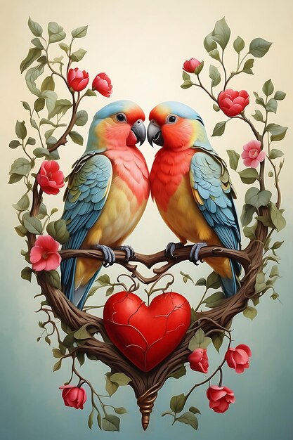 Dwa ptaki miłosne z tłem w kształcie serca