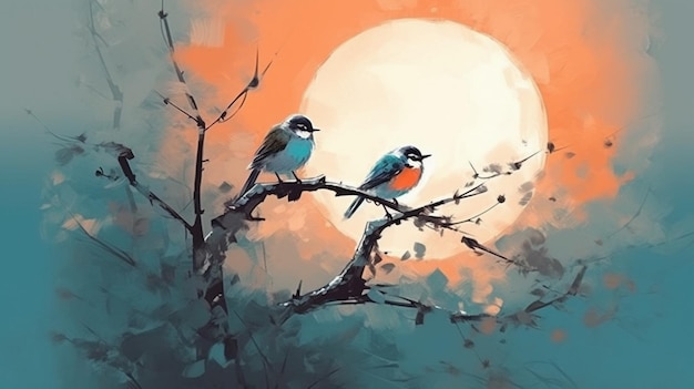 Dwa ptaki na gałęzi ze słońcem za nimi
