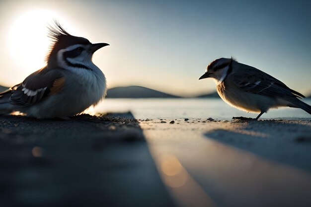 Dwa ptaki siedzą na doku, a jeden ma błękitne niebo w tle.