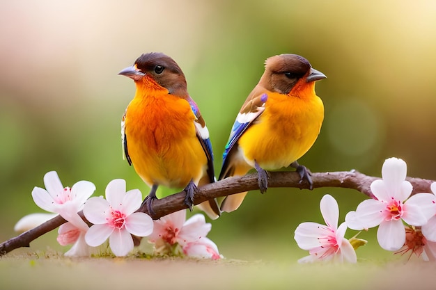 Dwa ptaki siedzą na gałęzi z kwiatami w tle