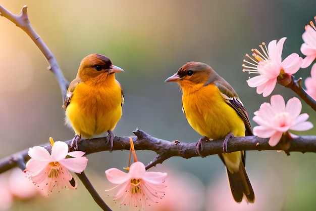 Dwa ptaki siedzą na gałęzi z różowymi kwiatami w tle