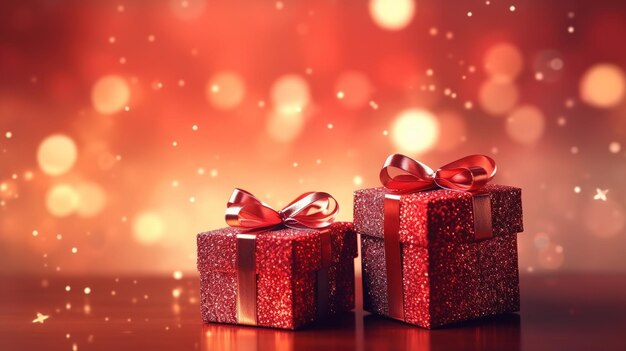Dwa pudełka upominkowe z czerwonym i złotym brokatem na górze i napisem Boże Narodzenie na dole.