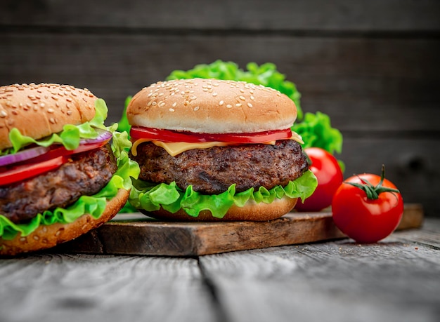 Dwa pyszne domowe burgery z wołowiny na starym drewnianym stole Grube, niezdrowe jedzenie zbliżenie