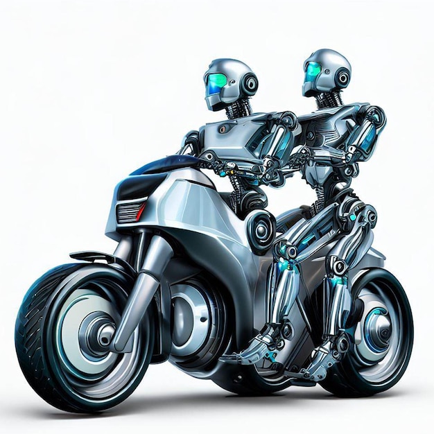 Dwa roboty sztucznej inteligencji jadące na motocyklu