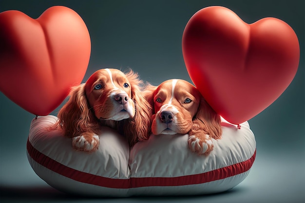 Dwa romantyczne psy śpiące na czerwonej poduszce w kształcie serca ikony serca latające wokół Generatywna sztuczna inteligencja