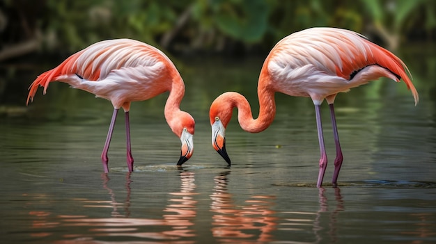 Dwa różowe flamingi szukają pożywienia w wodzie.