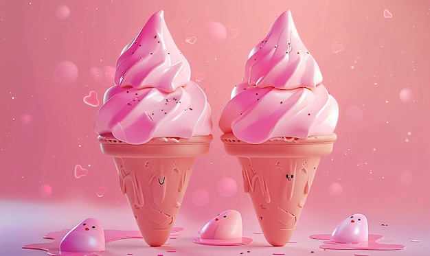 dwa różowe kolorowe karikaturowe lody na różowym tle