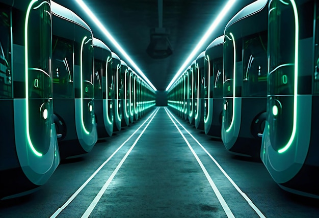 Zdjęcie dwa rzędy autobusów elektrycznych stojących w kolejce