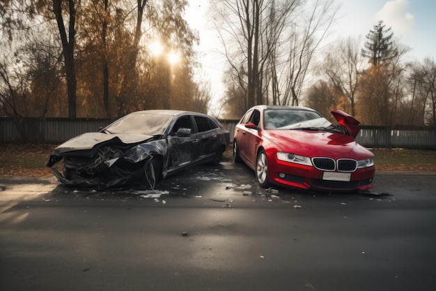 Dwa samochody są zaparkowane na poboczu drogi, z których jeden ma czerwone bmw, a drugi ma czarną maskę.