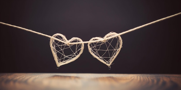 Dwa serca w kształcie serca są połączone sznurkiem z napisem miłość.