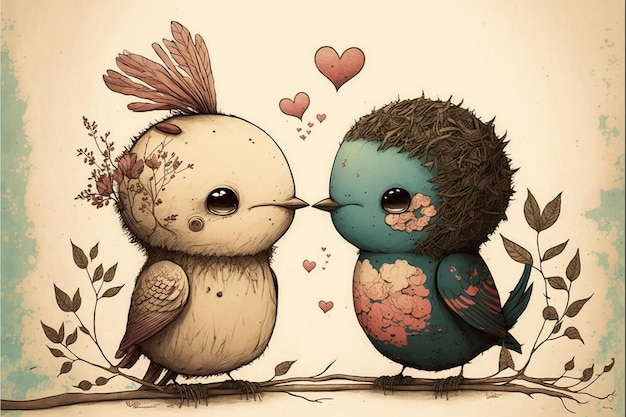 Zdjęcie dwa słodkie ptaki w romantycznych sercach miłości generatywnej ai