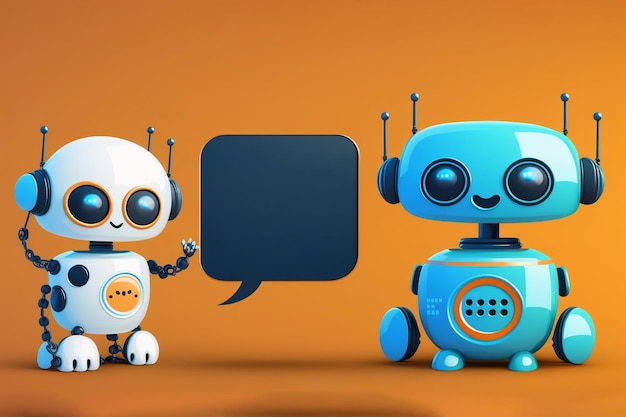 Dwa słodkie uśmiechnięte roboty chatbot ze znakiem bańki mowy postaci z kreskówek chatbot obsługa komunikacji głosowej usługi generowania sztucznej inteligencji