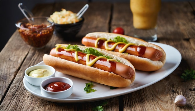 Dwa smaczne hot-dogi z ketchupem i musztardą na białym talerzu na drewnianym stole.