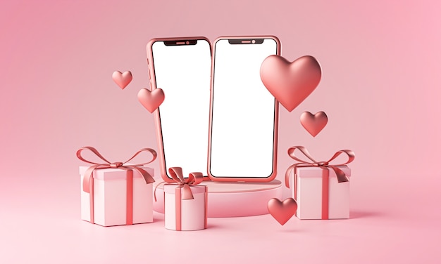 Dwa smartfony Mockup Valentine Theme Miłość w kształcie serca i pudełko Rendering 3D