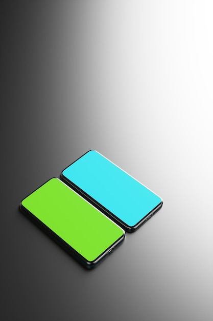Dwa smartfony z ekranem Chroma Key na czarnym tle. ilustracja renderowania 3d