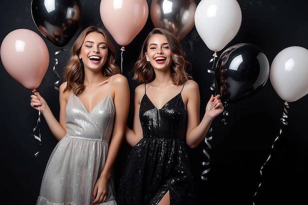 Dwa śmiejące się modele w modnych sukniach nocnych na czarnym tle ściany w balonach studyjnych