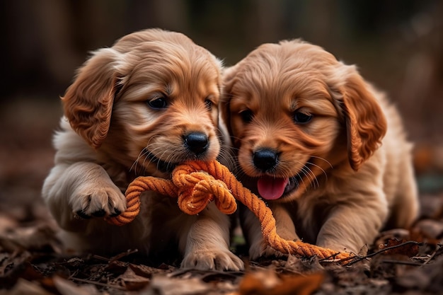 Zdjęcie dwa szczeniaki bawiące się liną