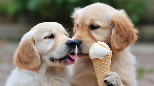 Dwa szczeniaki jedzące lody ze stożka