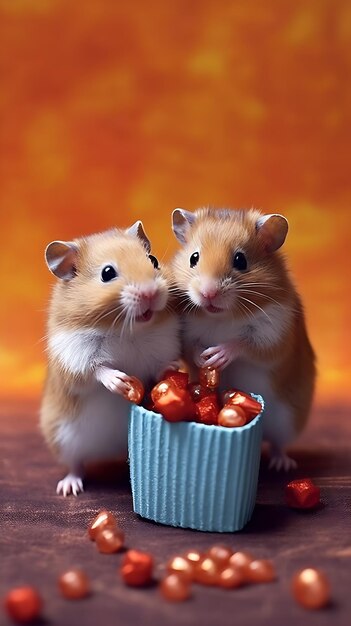 Dwa szczury białe i brązowe na bożonarodzeniowym tle z prezentami