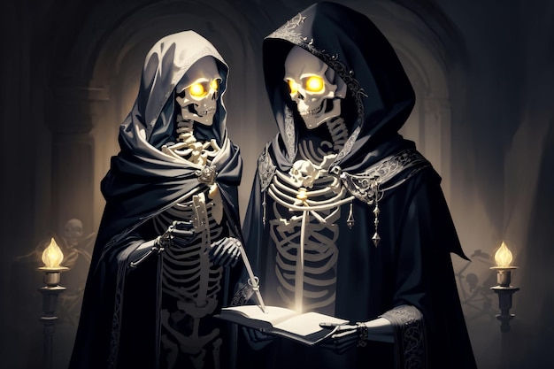 Dwa szkielety ze świecącymi żółtymi oczami czytają książkę.