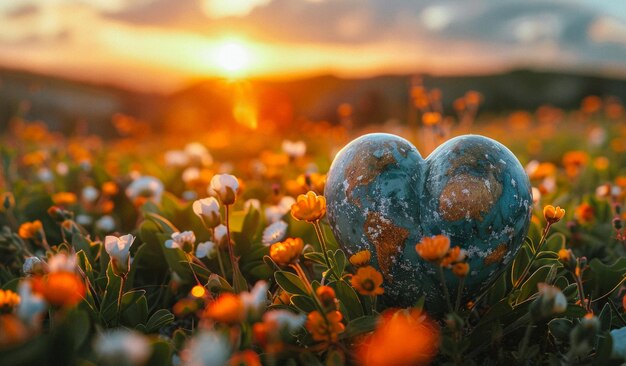 Zdjęcie dwa szklane serca leżą na kwitnącej łące przy zachodzie słońca