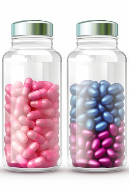 Zdjęcie dwa szklane słoiki wypełnione kolorowymi pigułkami