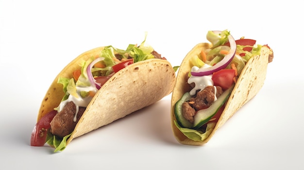 Dwa tacos z mięsem i warzywami na białym tle