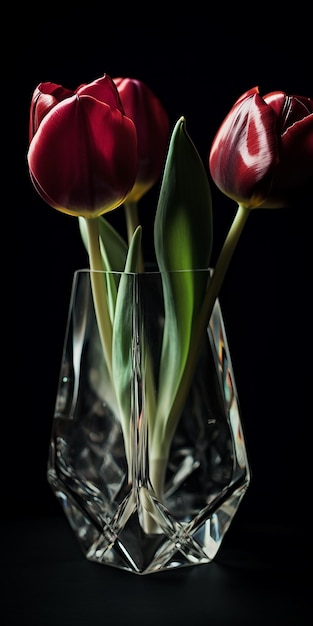 Dwa tulipany siedzą w szklanym wazonie ze skałami na dnie.