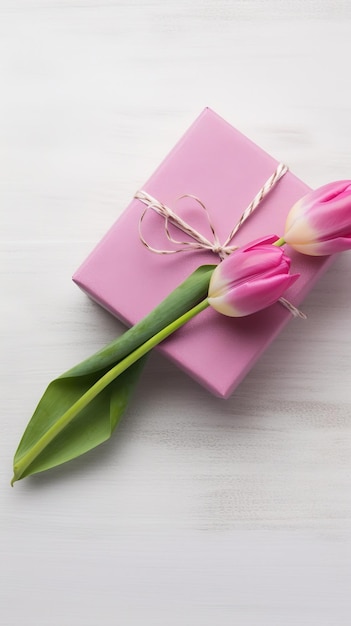 Dwa tulipany związane razem na różowym pudełku upominkowym