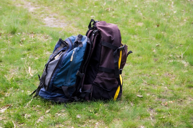 Zdjęcie dwa turystyczne plecaki na zielonej trawie koncepcja podróży i