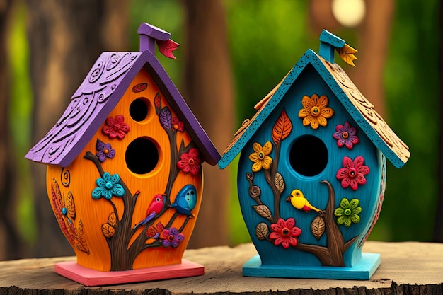 Zdjęcie dwa urocze drewniane domki dla ptaków pomalowane na jasne kolory