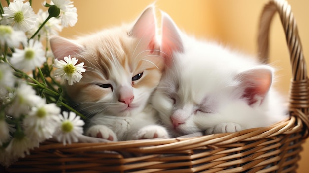 Dwa urocze kociaki w koszu z kwiatami na jasnym tle