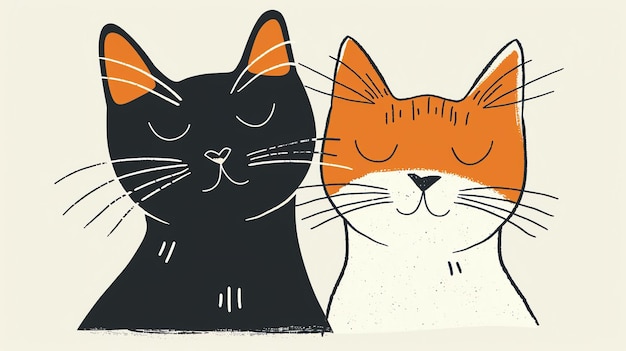 Dwa urocze koty, jeden czarny i jeden pomarańczowy, siedzą obok siebie z zamkniętymi oczami.