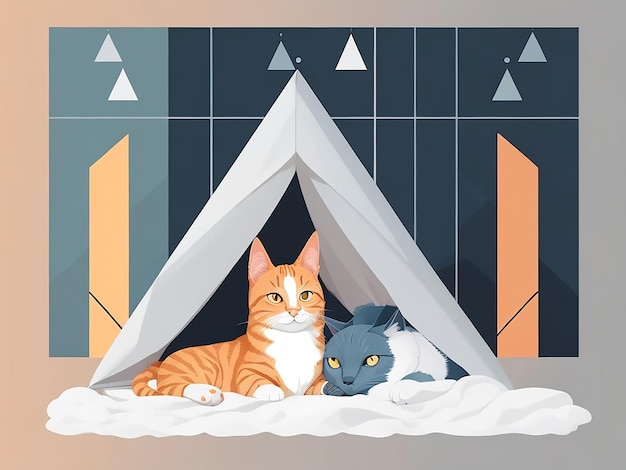 Zdjęcie dwa urocze koty leżące pod przytulnym kocem na przytulnym łóżku