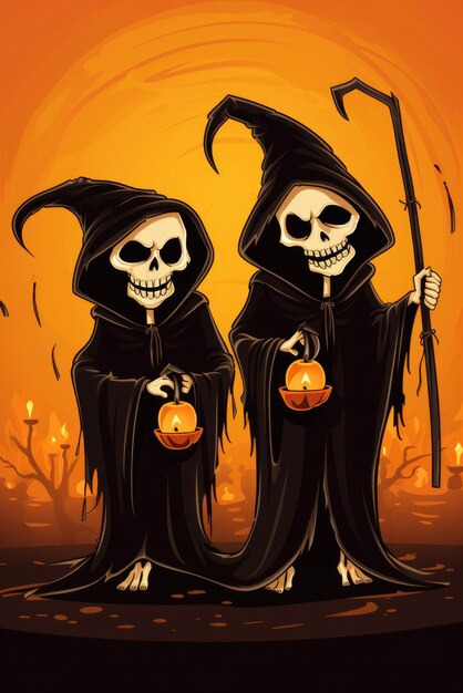 Dwa urocze kreskówkowe żniwiarze na tle Halloween