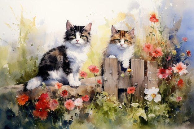 Dwa urocze małe kociaki w ogrodzie kwiatowym